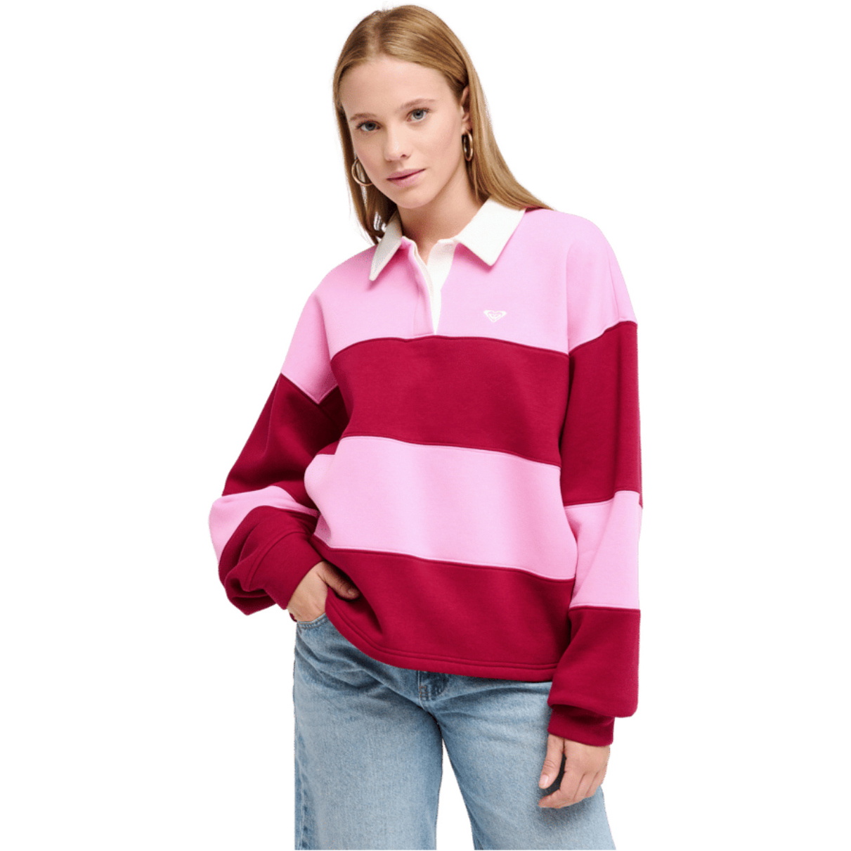 2026 Roxy Womens Cross Your Mind Shirt Collar Sweatshirt ERJFT05015 - Fuchsia Pink